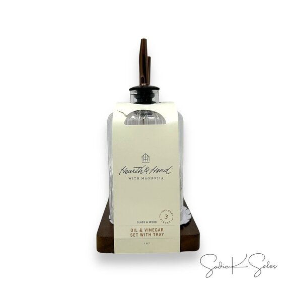 Oil & Vinegar Ribbed Glass Bottle Set with Wood Base - Hearth & Hand Magnolia - Picture 4 of 6